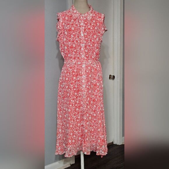 R&K Coral Floral Flutter Sleeve Button Down Shirt Dress Size:14‎ NWT - Picture 1 of 10